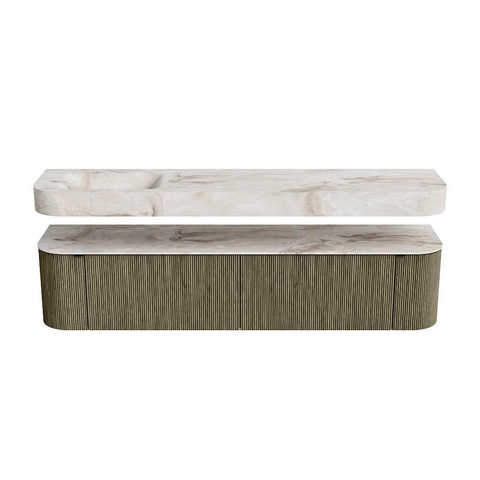 MONDIAZ THOR-DLUX 200cm meuble de salle de bains arrondi gauche + droite couleur Shadow avec 2 tiroirs et 2 portes. Vasque suspendue CLOUD Gauche sans trou de robinet couleur Frappe. SW1467016