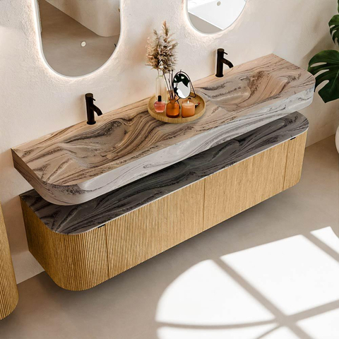 MONDIAZ THOR-DLUX 180cm meuble de salle de bains arrondi gauche + droite couleur Oak avec 2 tiroirs et 2 portes. Vasque suspendue CLOUD Double 2 trous de robinet couleur Sombra. SW1466253