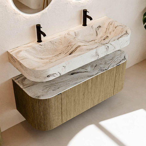 MONDIAZ THOR-DLUX 120cm meuble de salle de bains arrondi gauche + droite couleur Dusk avec 1 tiroir et 2 portes. Vasque suspendue CLOUD Double 2 trous de robinet couleur Glace. SW1463299