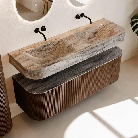 MONDIAZ THOR-DLUX 140cm badmeubel ronding links + rechts kleur Walnut met 1 lade en 2 deuren. Vrijhangende wastafel CLOUD Dubbel zonder kraangat kleur Oza. SW1464274