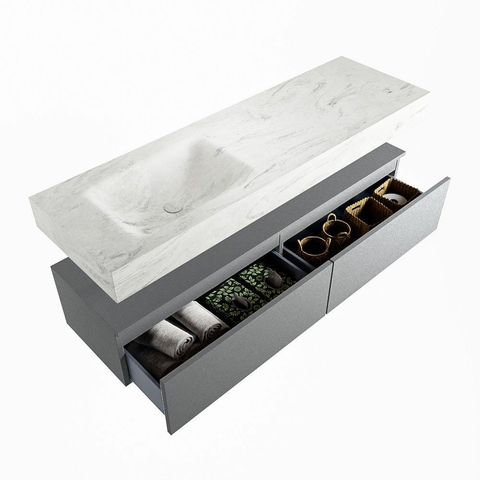 Mondiaz ALAN-DLUX Ensemble de meuble - 150cm - meuble Plata mat - 2 tiroirs - Lavabo Cloud Opalo suspendu - vasque Gauche - 1 trou de robinet SW806951