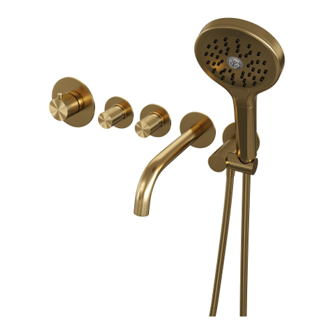 Robinet de baignoire encastré Brauer Gold Carving - ensemble de douche - sortie de 20 cm - avec partie encastrable - 3 boutons avec relief - douchette ronde 3 positions - PVD - or brossé SW715483