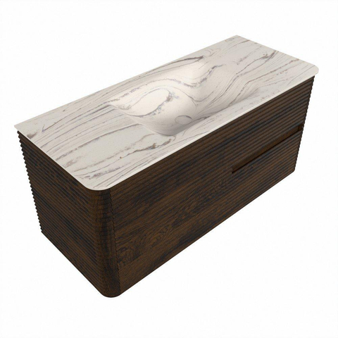 Mondiaz CIRO-DLUX Meuble de salle de bains - 110x45x50cm - Plan vasque solid surface Nata - 1 lavabo au milieu - sans trous de robinet - 2 tiroirs - Noyer SW1530547