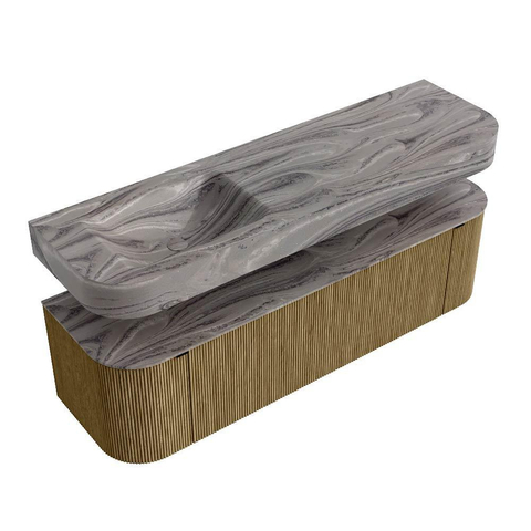 MONDIAZ THOR-DLUX 160cm meuble de salle de bains arrondi gauche + droite couleur Dusk avec 1 tiroir et 2 portes. Vasque suspendue CLOUD Gauche sans trou de robinet couleur Sombra. SW1465375