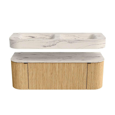MONDIAZ THOR-DLUX 130cm badmeubel ronding links + rechts kleur Oak met 1 lade en 2 deuren. Vrijhangende wastafel CLOUD Dubbel 2 kraangaten kleur Nata. SW1463834