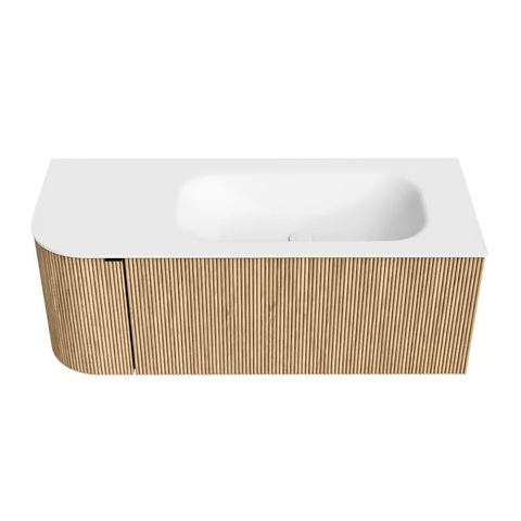 MONDIAZ KURVE Meuble de salle de bains 115 cm avec module 25 L couleur Oak avec 1 tiroir et 1 porte. Lavabo BIG SMALL à droite sans trou de robinet Talc. SW1138158