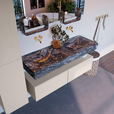 Mondiaz ALAN-DLUX Ensemble de meuble - 130cm - meuble Linen mat - 2 tiroirs - Lavabo Cloud Lava suspendu - vasque Gauche et droite - 0 trous de robinet SW808344