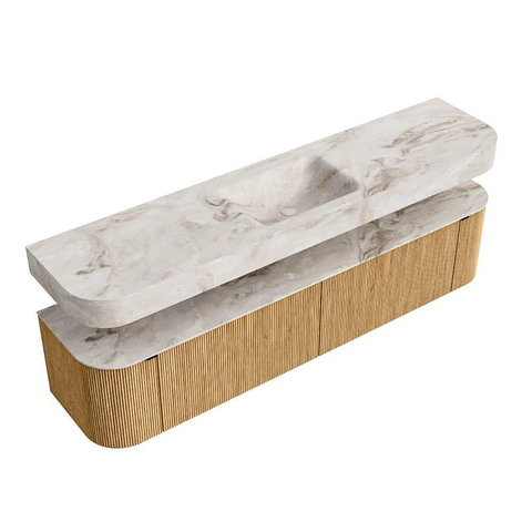 MONDIAZ THOR-DLUX 200cm meuble de salle de bains arrondi gauche + droite couleur Chêne avec 2 tiroirs et 2 portes. Vasque suspendue CLOUD Milieu sans trou de robinet couleur Frappe. SW1466945
