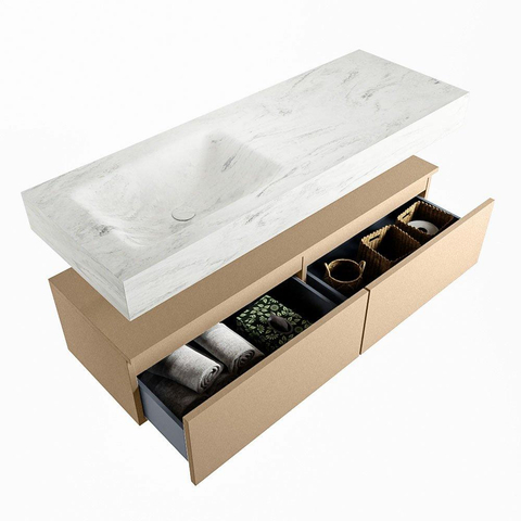 Mondiaz ALAN-DLUX Ensemble de meuble - 130cm - meuble Oro mat - 2 tiroirs - Lavabo Cloud Opalo suspendu - vasque Gauche - 1 trou de robinet SW807052