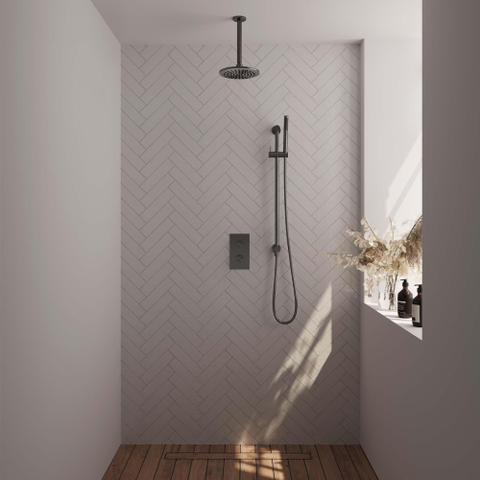Brauer Gunmetal Edition Ensemble de douche de tête encastré - douche de tête 20cm - bras de plafond 20cm - 2 fonctions - barre de douche - corps encastré inclus - douchette à main barre 1 jet - PVD - gunmetal brossé SW715887
