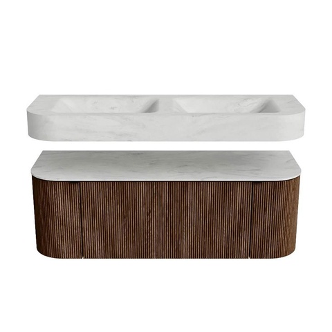 MONDIAZ THOR-DLUX 130cm badmeubel ronding links + rechts kleur Walnut met 1 lade en 2 deuren. Vrijhangende wastafel CLOUD Dubbel 2 kraangaten kleur Opalo. SW1463604