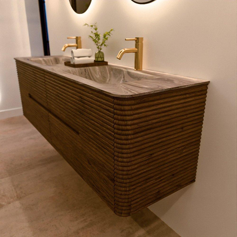 Mondiaz CIRO-DLUX Badkamermeubelset - 160x45x50cm - Solid surface wastafel Sombra - 2 wasbak Dubbel - 2 kraangaten - 4 lades - Dusk SW1533425