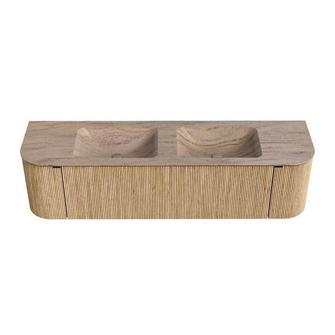 MONDIAZ KURVE-DLUX 170cm meuble de salle de bains arrondi Gauche + Droite couleur Chêne avec 1 tiroir et 2 portes. Lavabo LEAF Double 2 trous de robinet Saba. SW1433100