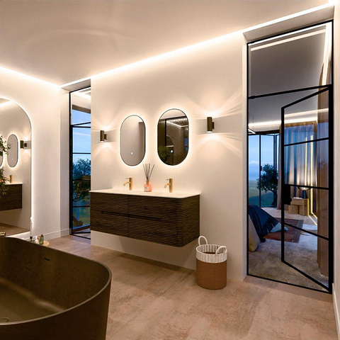 Mondiaz CIRO-DLUX Meuble de salle de bains - 140x45x50cm - Plan vasque solid surface Opalo - 2 vasques double - 2 perçages de robinet - 4 tiroirs - Shadow SW1532406