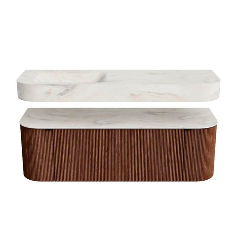 MONDIAZ THOR-DLUX 140cm meuble de salle de bains arrondi gauche + droite couleur Ruby avec 1 tiroir et 2 portes. Vasque suspendue CLOUD gauche sans trou de robinet couleur Ostra. SW1464132