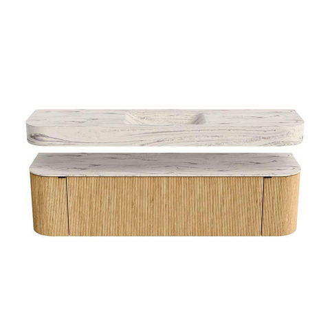 MONDIAZ THOR-DLUX Meuble de salle de bains 170cm arrondi gauche + droite couleur Oak avec 1 tiroir et 2 portes. Vasque suspendue CLOUD Milieu sans trou de robinet couleur Nata. SW1465770