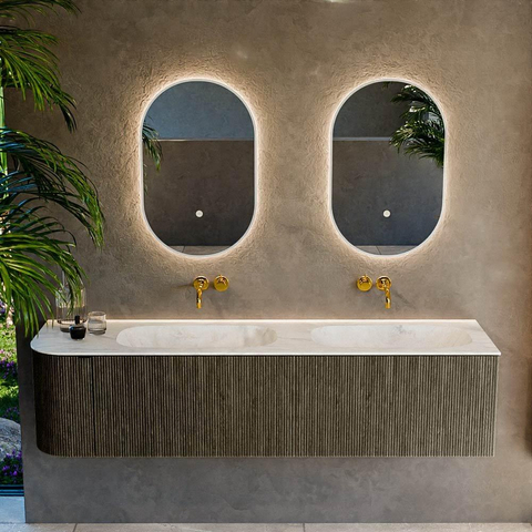 Mondiaz KURVE-DLUX Ensemble de meubles de salle de bains - 175x46x40cm - 2 tiroirs - 1 porte - lavabo solid surface - double / droite - sans trou de robinet - Shadow SW1414567