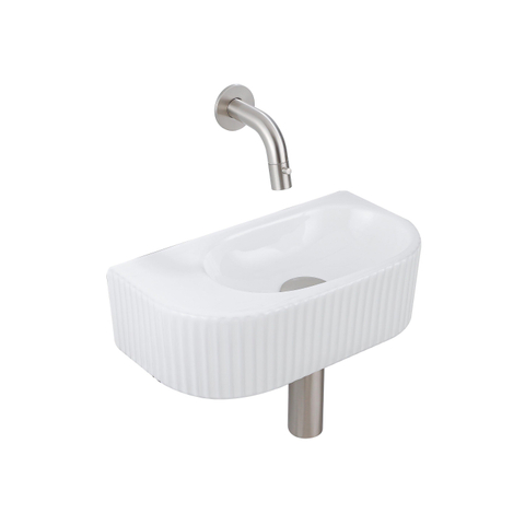 QeramiQ Fuente pack lave-mains – demi-rond – 40 x 21,5 x 12 cm – robinet inox brossé – cannelé SW1233102