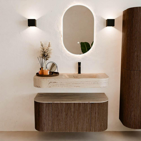 MONDIAZ THOR-DLUX 100cm meuble de salle de bains arrondi gauche + droite couleur Walnut avec 1 tiroir et 2 portes. Vasque suspendue CLOUD droite 1 trou de robinet couleur Arena. SW1467451