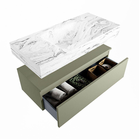 Mondiaz ALAN-DLUX Ensemble de meuble - 100cm - meuble Army mat - 1 tiroir - Lavabo Cloud Glace suspendu - vasque Centre - 1 trou de robinet SW805973