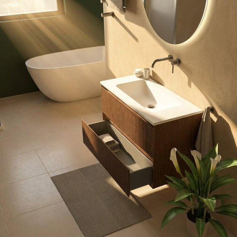 Saniclass Holz Atelier Ensemble meuble de salle de bains - 100x45x77.5cm - lavabo Torino en solid surface blanc - sans trou de robinet - 2 tiroirs - walnut pure mat (bois) SW1478663