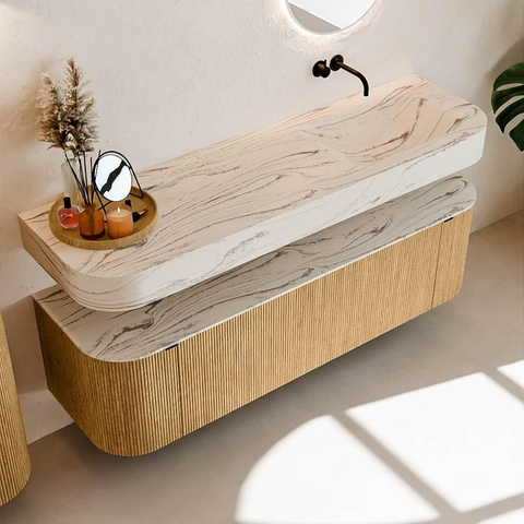 MONDIAZ THOR-DLUX 160cm badmeubel ronding links + rechts kleur Oak met 1 lade en 2 deuren. Vrijhangende wastafel CLOUD Rechts zonder kraangat kleur Nata. SW1465247