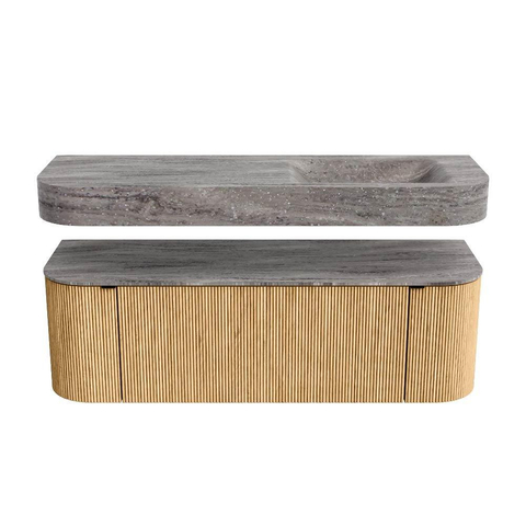 MONDIAZ THOR-DLUX 140cm badmeubel ronding links + rechts kleur Oak met 1 lade en 2 deuren. Vrijhangende wastafel CLOUD Rechts zonder kraangat kleur Oza. SW1464269