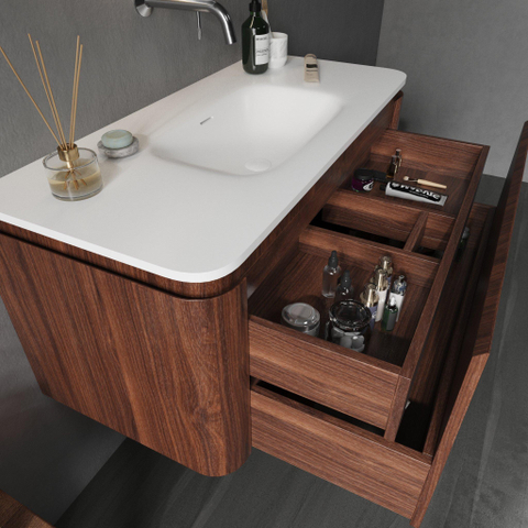 Royal Plaza Terra Ensemble meuble de salle de bains - 100x46.2x46cm - vasque en solid surface blanc mat - 1 vasque - sans trou de robinet - 2 tiroirs - châtaigne (noyer) SW1447024