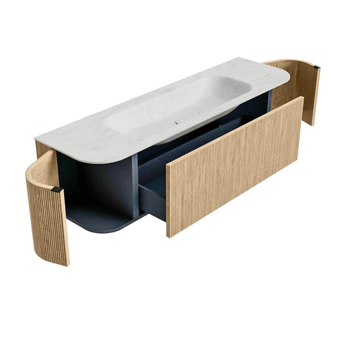 MONDIAZ KURVE-DLUX 160cm badmeubel met module 25 Len R kleur Oak met 1 lade en 2 deuren. Wastafel BIG MEDIUM midden zonder kraangat kleur Opalo. SW1137554