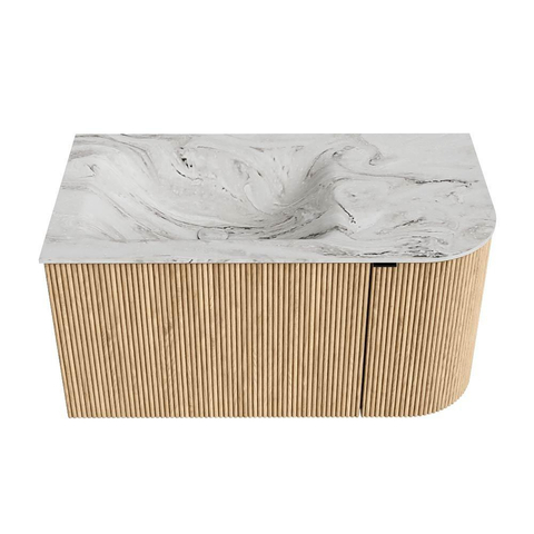 MONDIAZ KURVE-DLUX meuble de salle de bains 85cm avec module 25 R couleur chêne avec 1 tiroir et 1 porte. Vasque CLOUD gauche 1 trou de robinet couleur Glace. SW1137933
