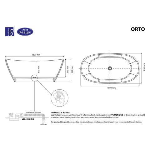 Best Design Orto vrijstaand bad 180x85x64cm inclusief sifon solid surface wit mat SW452383
