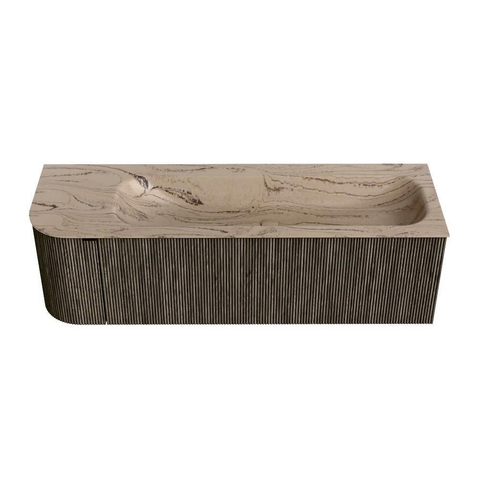 MONDIAZ KURVE-DLUX Meuble de salle de bains 145cm arrondi à gauche couleur Shadow avec 1 tiroir et 1 porte. Lavabo BIG LARGE à droite 2 trous de robinet Arena. SW1431449