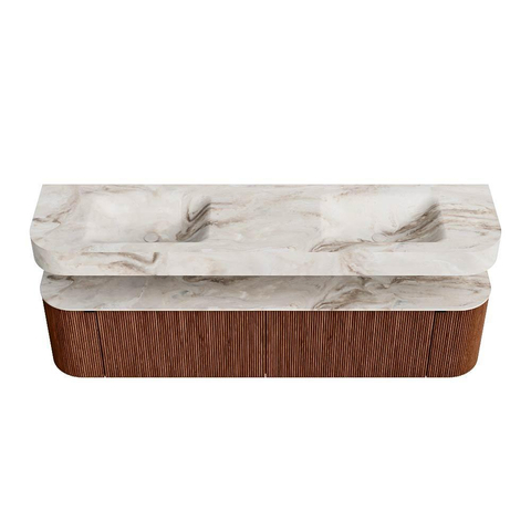 MONDIAZ THOR-DLUX Meuble de salle de bains 190cm arrondi gauche + droite couleur Ruby avec 2 tiroirs et 2 portes. Vasque suspendue CLOUD Double 2 trous de robinet couleur Frappe. SW1466501