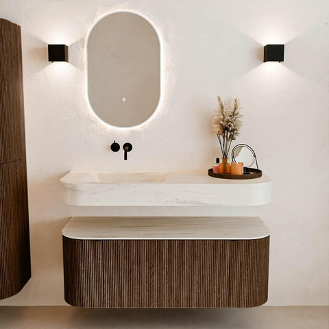 MONDIAZ THOR-DLUX Meuble de salle de bains 120cm arrondi gauche + droite couleur Walnut avec 1 tiroir et 2 portes. Vasque suspendue CLOUD Gauche sans trou de robinet couleur Meli. SW1463335