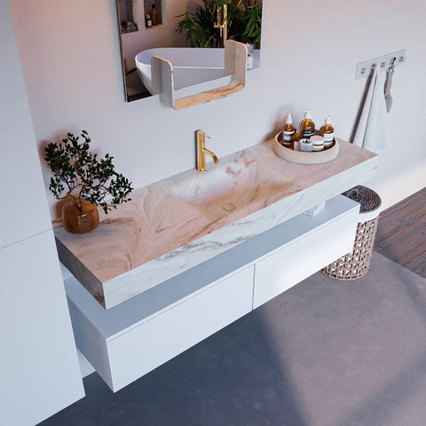 Mondiaz ALAN-DLUX Ensemble de meuble - 150cm - meuble Talc mat - 2 tiroirs - Lavabo Cloud Frappe suspendu - vasque Centre - 1 trou de robinet SW805233