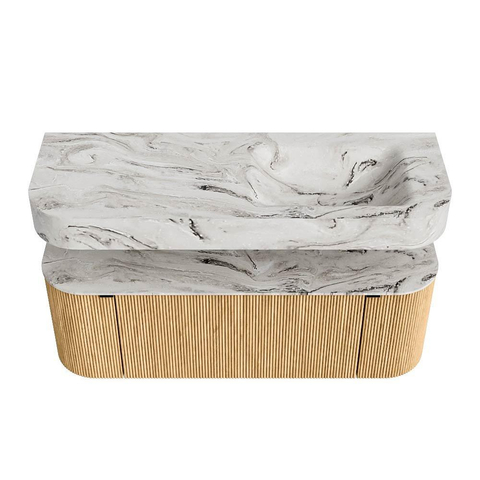 MONDIAZ THOR-DLUX 130cm meuble de salle de bains arrondi gauche + droite couleur Oak avec 1 tiroir et 2 portes. Vasque suspendue CLOUD droite sans trou de robinet couleur Glace. SW1463519