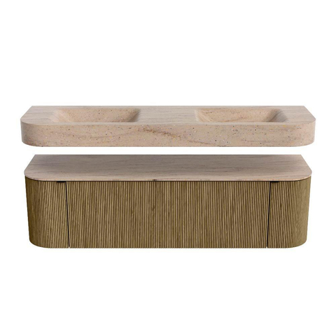 MONDIAZ THOR-DLUX 160cm meuble de salle de bains arrondi gauche + droite couleur Dusk avec 1 tiroir et 2 portes. Vasque suspendue CLOUD Double sans trou de robinet couleur Saba. SW1465338