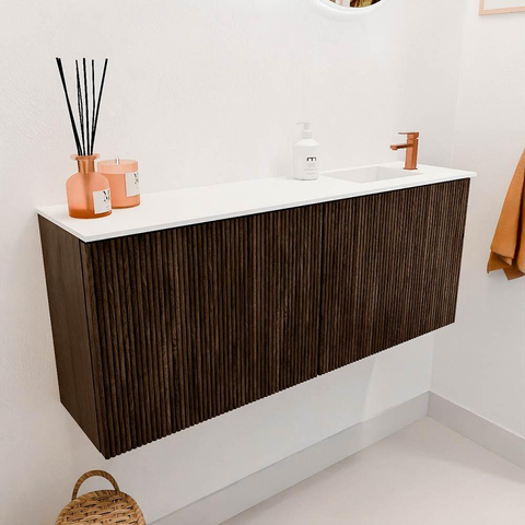 Mondiaz JOYA 100cm toiletmeubel - kleur Walnut - Wastafel FAYE positie Rechts 1 kraangat kleur Talc. SW1421258