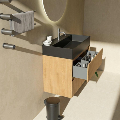 Saniclass Holz Atelier Badkamermeubelset - 80x45x72cm - Legend keramische wastafel mat zwart - 1 wasbak - 1 kraangat - 2 lades - mat eiken natural (hout) SW1579633