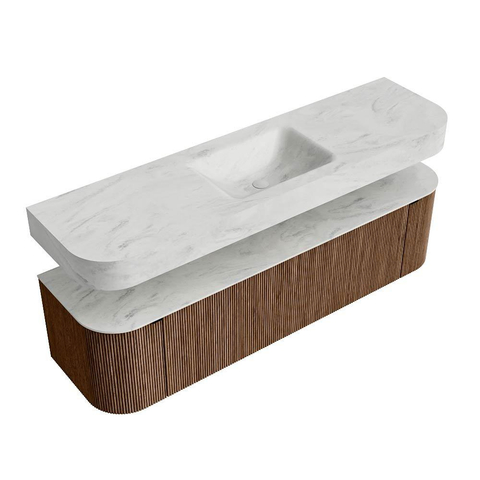 MONDIAZ THOR-DLUX Meuble de salle de bains - 170cm - arrondi gauche + droite - couleur Walnut - 1 tiroir et 2 portes - Vasque suspendue CLOUD Centre sans trou de robinet - couleur Opalo SW1465580