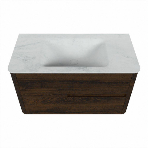 Mondiaz CIRO-DLUX Badkamermeubelset - 90x45x50cm - Solid surface wastafel Opalo - 1 wasbak Midden - zonder kraangaten - 2 lades - Walnut SW1530183