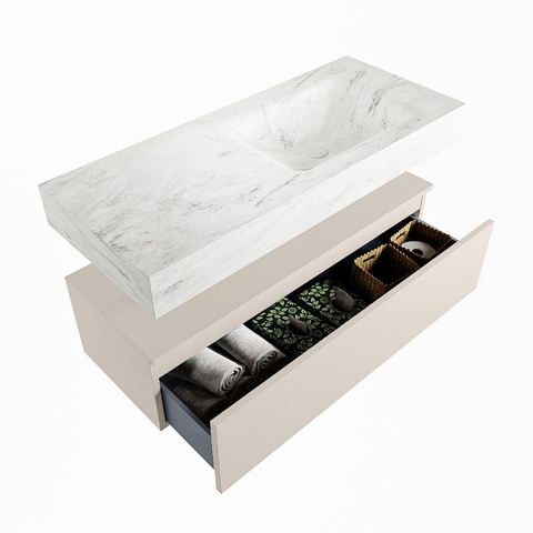 Mondiaz ALAN-DLUX Ensemble de meuble - 110cm - meuble Linen mat - 1 tiroir - Lavabo Cloud Opalo suspendu - vasque Droite - 0 trous de robinet SW806500