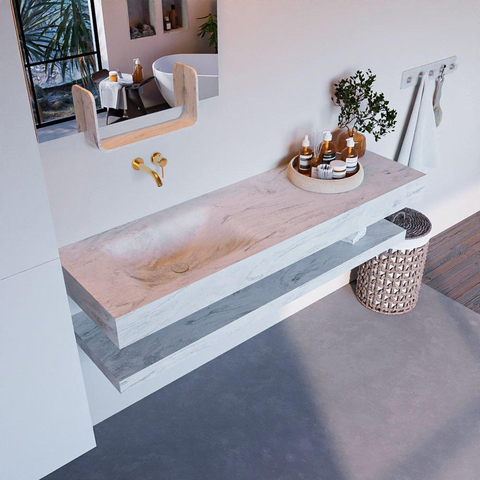 Mondiaz ALAN-DLUX Ensemble de meuble - 150cm - meuble Opalo mat - 0 tiroirs - Lavabo Cloud Opalo suspendu - vasque Gauche - 0 trous de robinet SW809036