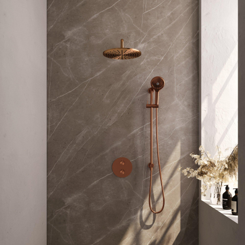BRAUER Copper Carving douche de pluie encastrée thermostatique - 3 voies - rond - set 94 - pomme de douche 30cm - bras mural courbé - douchette 3 jets - flexible de douche - barre de douche intégrée - cuivre brossé PVD SW1159137