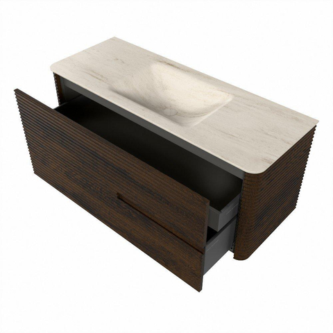 Mondiaz CIRO-DLUX Meuble de salle de bains - 120x45x50cm - plan-vasque en solid surface Meli - 1 bassin Central - sans trous de robinetterie - 2 tiroirs - Noyer SW1530485