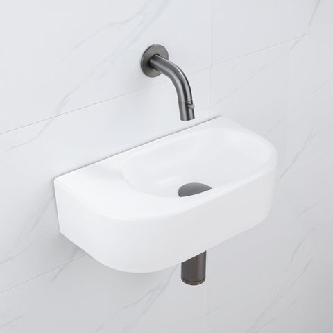 QeramiQ Fuente fonteinset – halfrond – 40x21.5x12 cm – keramiek wit mat – zonder kraangat – kraan gunmetal SW1233115