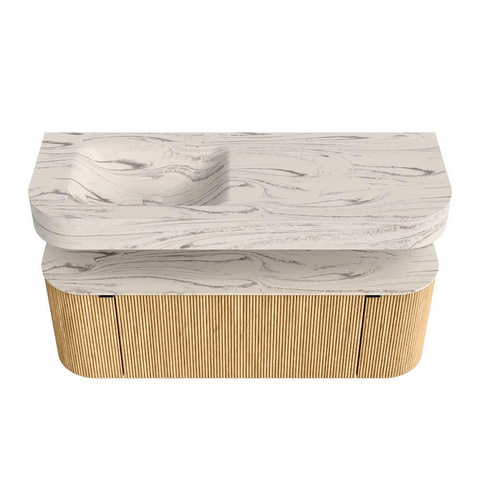 MONDIAZ THOR-DLUX 130cm meuble de salle de bains arrondi gauche + droite couleur Oak avec 1 tiroir et 2 portes. Vasque suspendue CLOUD gauche 1 trou de robinet couleur Nata. SW1463869