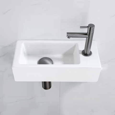 FugaFlow Efficiente Pietra Ensemble de fontaine - 37,5x18,5x9cm - céramique - trou de robinet à droite - robinet de fontaine gunmetal - bouchon de vidange - siphon abaissé - blanc mat SW1442201