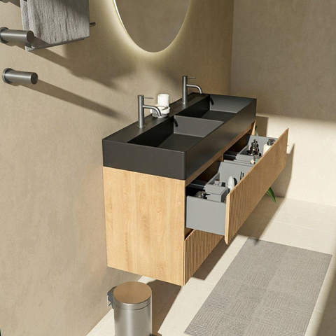 Saniclass Holz Atelier Ensemble meuble de salle de bains - 120x45x60cm - lavabo en céramique noir mat - 2 vasques - 2 trous de robinet - 2 tiroirs - chêne naturel mat (bois) SW1579642