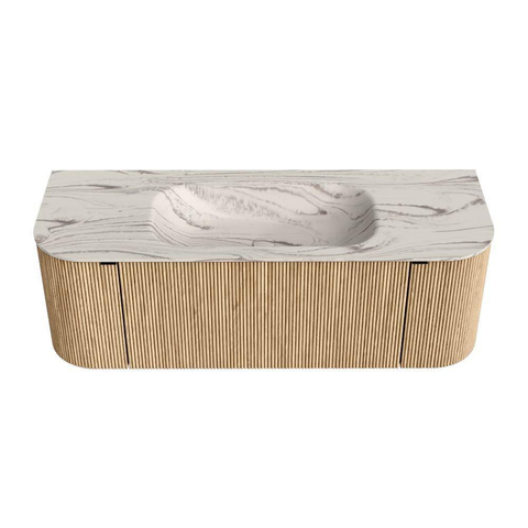 MONDIAZ KURVE-DLUX Meuble de salle de bains 130cm arrondi gauche + droite couleur Chêne avec 1 tiroir et 2 portes. Vasque BIG SMALL centrale sans trou de robinet Nata. SW1432077